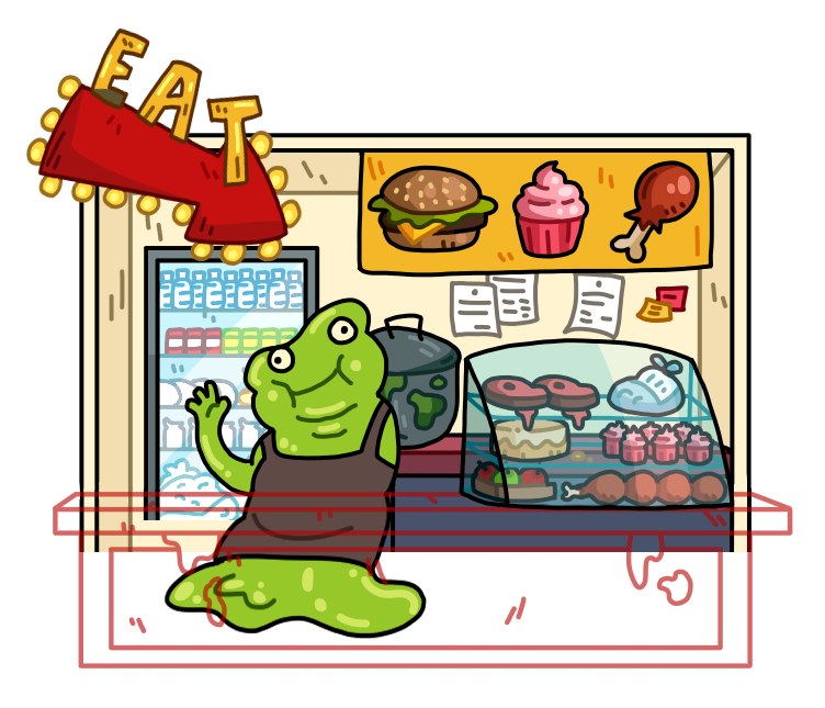 Initial Cafeteria Concept - Goopy man became a reoccuring character